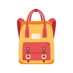 Vector school backpack. Back to school. Schoolbag and rucksack. Red and yellow bag. Cute school accessory.