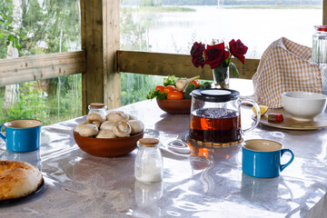 Fototapeta premium Various food stands on the table in nature