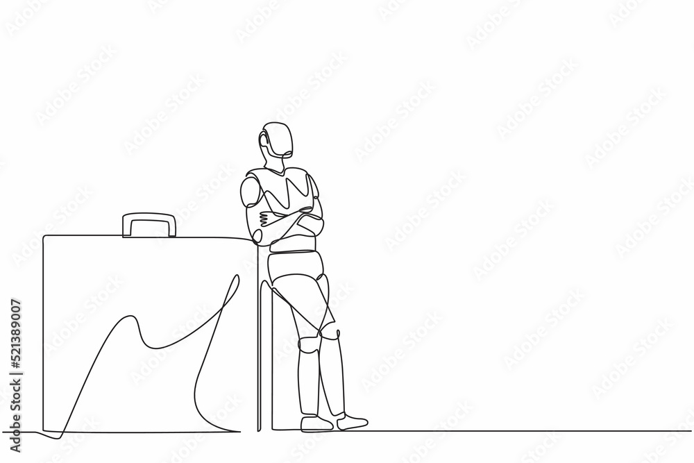 Poster continuous one line drawing robots lean on huge briefcase. modern robotics artificial intelligence t