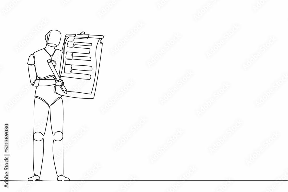 Poster single one line drawing robot holding clipboard with checklist. future technology development. artif