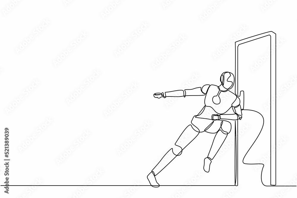 Poster single continuous line drawing robots running wants to break down the door. modern robotics artifici
