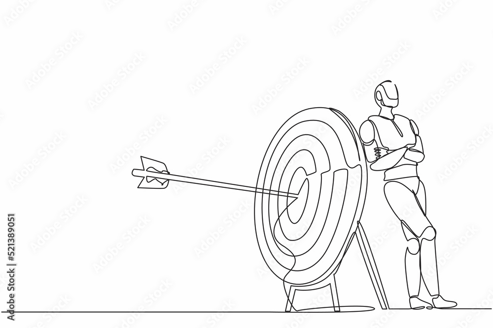 Poster single continuous line drawing robots lean on huge target with arrow on target. modern robotics arti