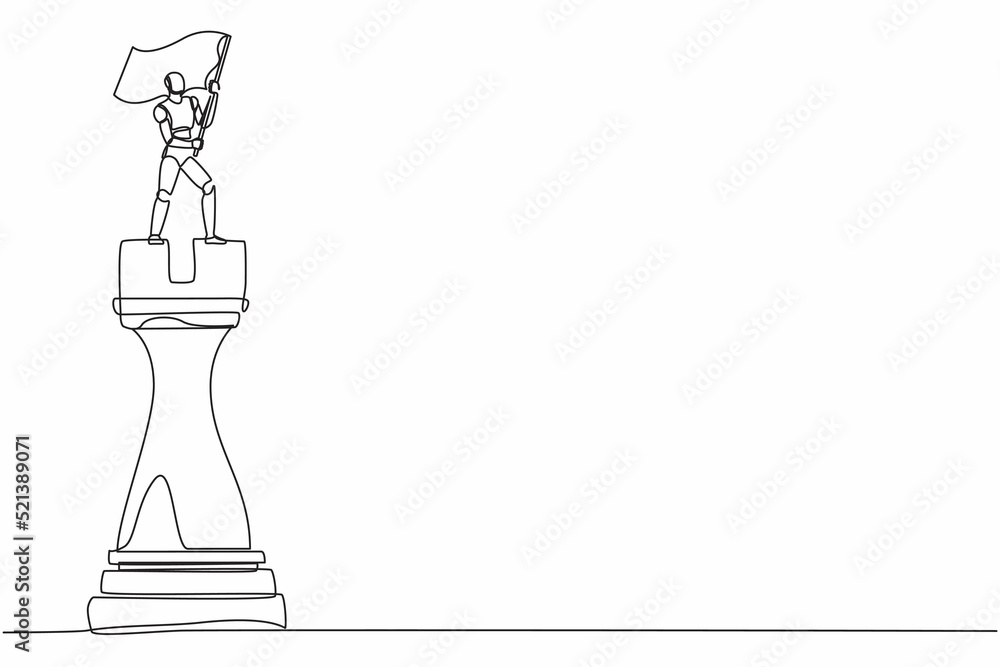 Poster single one line drawing robot standing on top of big rook chess and waving flag. future technology d