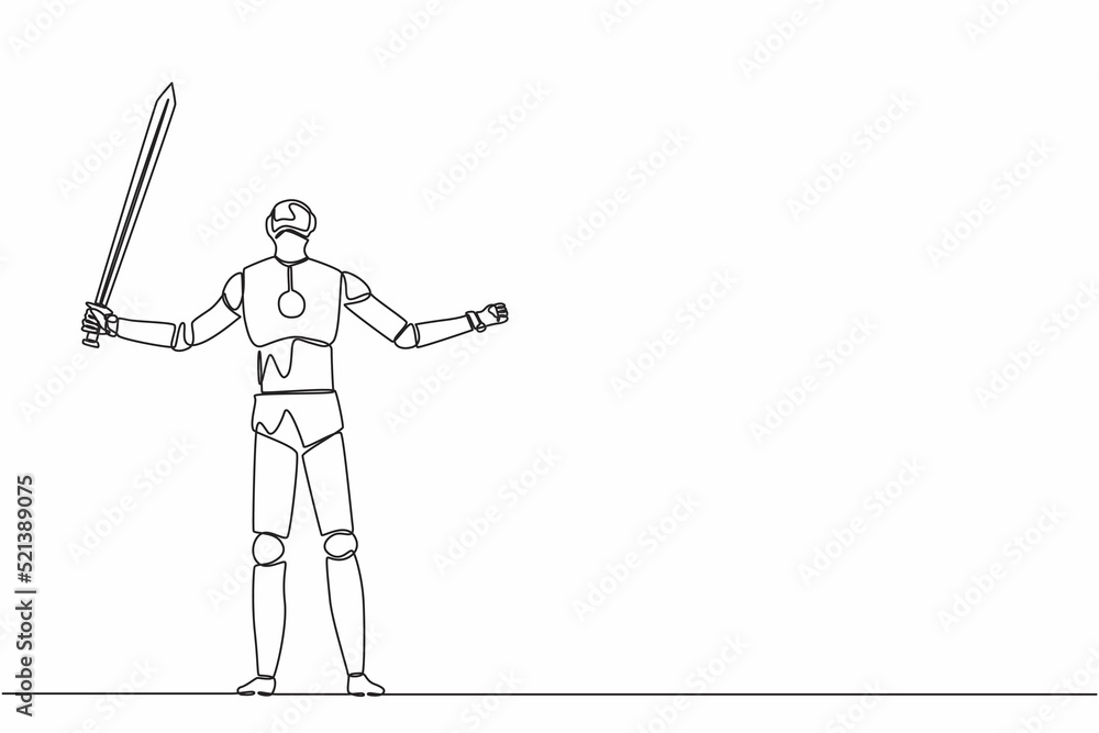 Poster continuous one line drawing robots standing and lifting up big sword. humanoid robot cybernetic orga