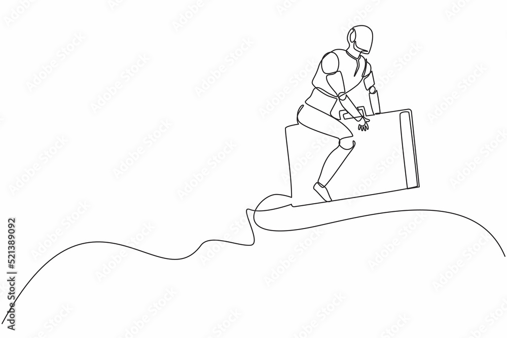 Poster single continuous line drawing robot riding and flying with briefcase rockets. humanoid robot cybern