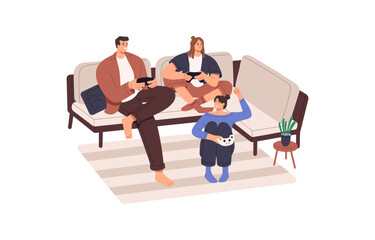 Friends with consoles playing TV video game together. Happy people, man and women sitting on sofa, holding videogame joysticks controllers. Flat vector illustration isolated on white background