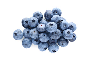 Pile of tasty fresh ripe blueberries on white background, top view