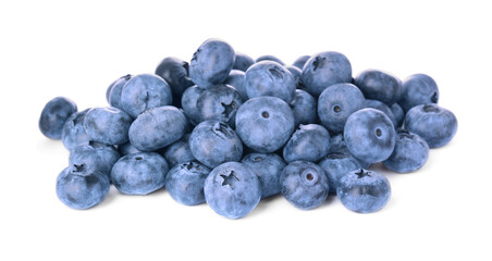 Pile of tasty fresh ripe blueberries on white background