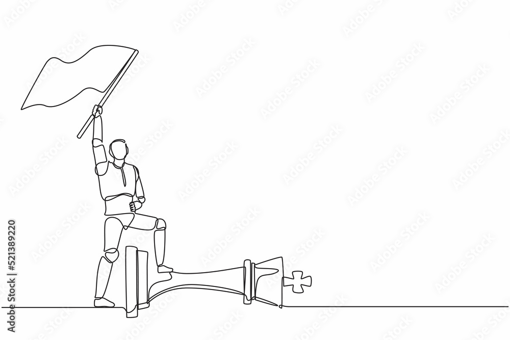 Poster single continuous line drawing robots holding flag and defeat chess king. modern robotics artificial