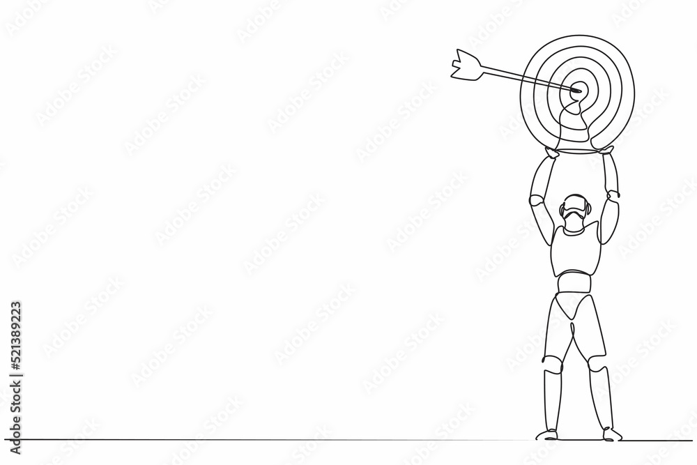 Poster single one line drawing robot lifting up big target with accurate arrow. future technology developme