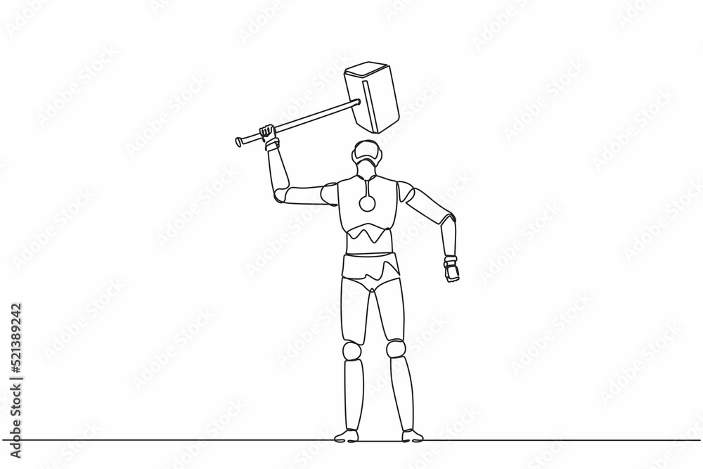 Poster single one line drawing robot standing and lifting up big hammer. future technology development. art