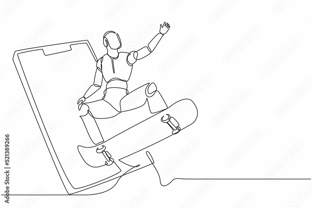 Poster continuous one line drawing robot come out from cellular phone and jump with skateboard. humanoid ro