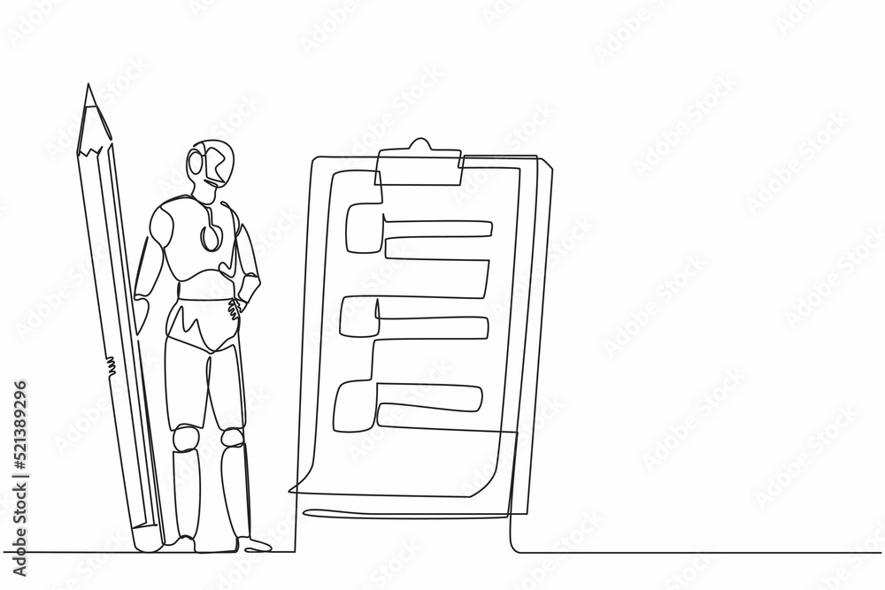Poster single continuous line drawing robots holding big pencil and looking clipboard. modern robotics arti