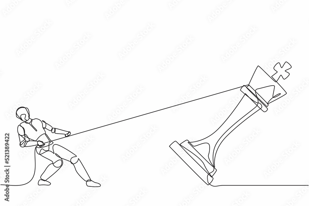 Poster continuous one line drawing robots standing and pulling big king chess with rope. humanoid robot cyb