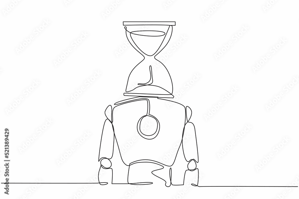 Poster single one line drawing robot with hourglass instead of head. future technology development. artific