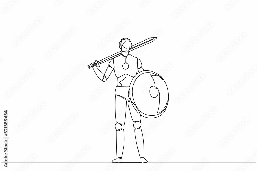 Poster Single continuous line drawing robots standing holding sword and shield. Modern robotics artificial intelligence technology. Electronic technology industry. One line graphic design vector illustration