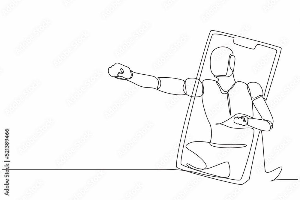 Poster single one line drawing robot come out from cellular phone with fist punch pose. future technology d