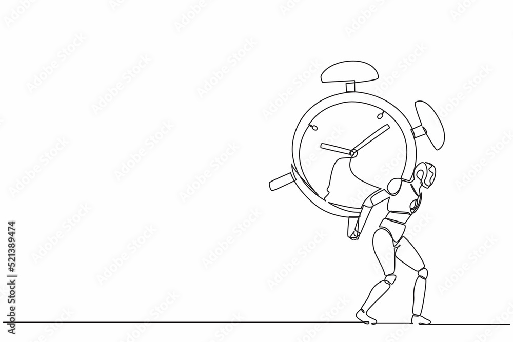 Poster continuous one line drawing robots standing and carry heavy huge alarm clock. humanoid robot cyberne