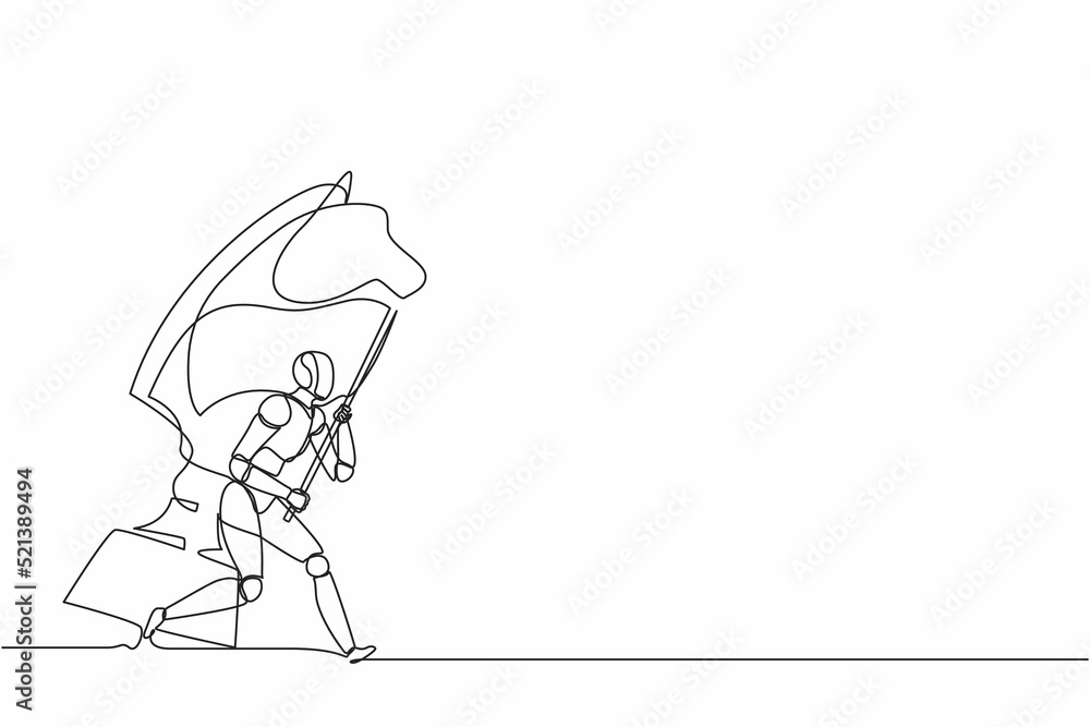 Poster continuous one line drawing robots running and holding flag beside big horse knight chess. humanoid 
