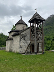 old brick church in the mountains in cloudy weather