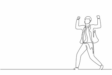 Single one line drawing happy businessman standing with raised his clenched hands. Male manager celebrating success of increasing company's product sales. Continuous line draw design graphic vector