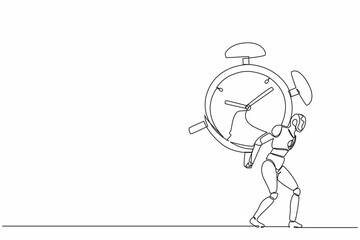 Continuous one line drawing robots standing and carry heavy huge alarm clock. Humanoid robot cybernetic organism. Future robotics development concept. Single line design vector graphic illustration