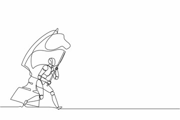 Continuous one line drawing robots running and holding flag beside big horse knight chess. Humanoid robot cybernetic organism. Future robotics development concept. Single line design vector graphic