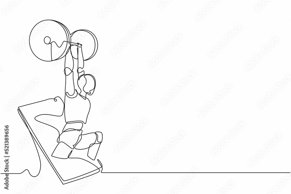 Poster continuous one line drawing robots come out from cellular phone with weightlifter pose. humanoid rob