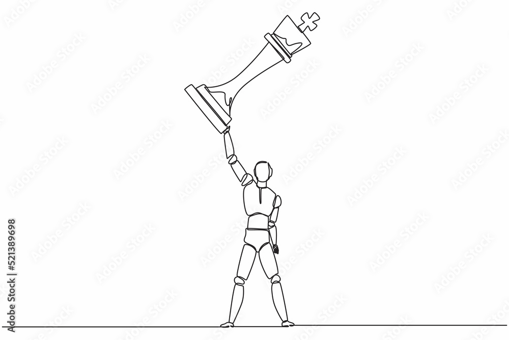Poster continuous one line drawing robot standing and lifting up king chess piece. humanoid robot cyberneti