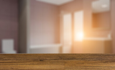 Fototapeta premium Clean and fresh bathroom with natural light. 3D rendering.. Suns. Background with empty wooden table. Flooring.