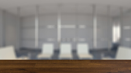 Open space office interior with like conference room. Mockup. 3D. Background with empty wooden table. Flooring.