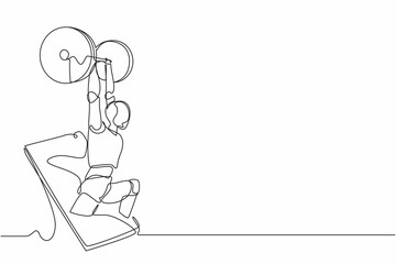 Continuous one line drawing robots come out from cellular phone with weightlifter pose. Humanoid robot cybernetic organism. Future robotics development concept. Single line draw design vector graphic