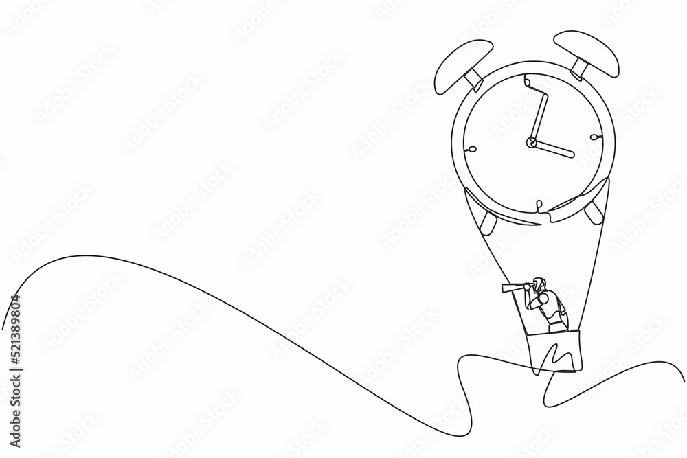 Wall mural Single one line drawing robots in hot air balloon with alarm clock looking with telescope or monocular. Modern robot artificial intelligence technology. Continuous line draw design vector illustration