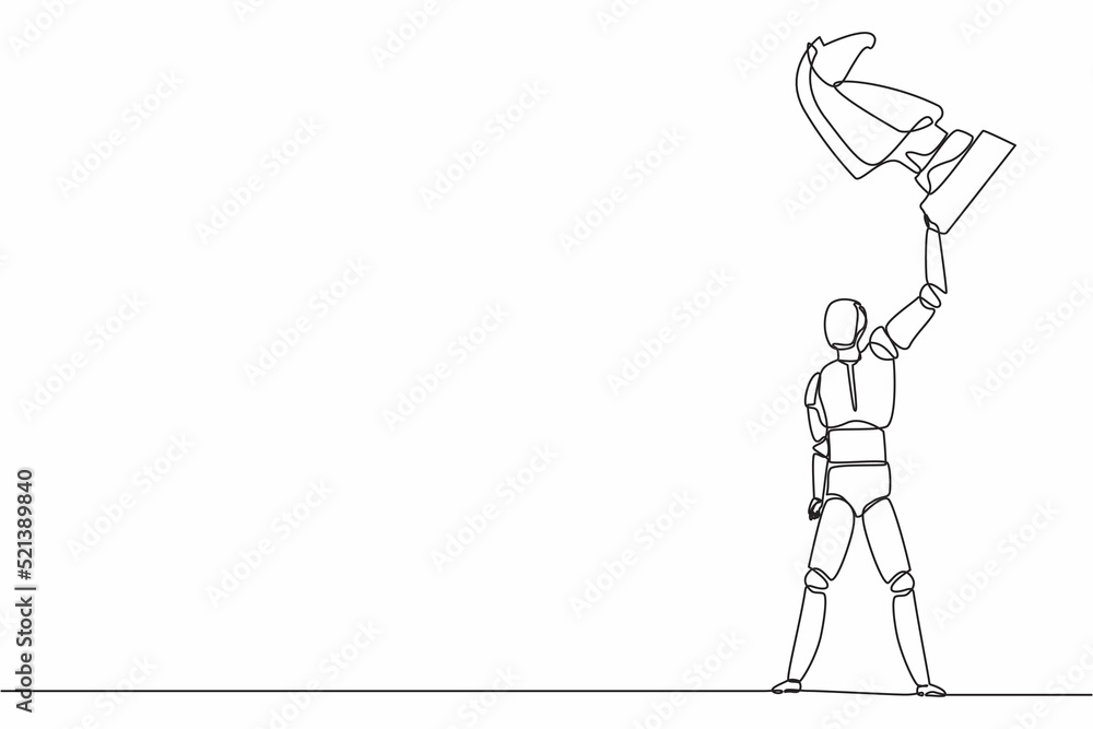 Poster single continuous line drawing robot lifting up knight chess piece. modern robotics artificial intel