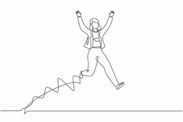 Single continuous line drawing happy businesswoman jump with both hands raised. Young saleswoman celebrates salary increase and benefits from company. One line draw graphic design vector illustration