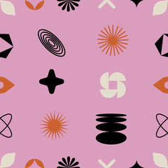 Vector seamless patterns with different geometric shapes and elements. Brutalist design icons and signs. Basic forms.