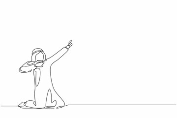 Continuous one line drawing happy Arabian businessman kneeling with celebrating goal pose. Male manager celebrating success of increasing company product sales. Single line draw design vector graphic