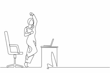 Single one line drawing happy Arabian businesswoman jumping and dancing on her workplace. Female manager celebrating success of increasing company product sales. Continuous line design graphic vector