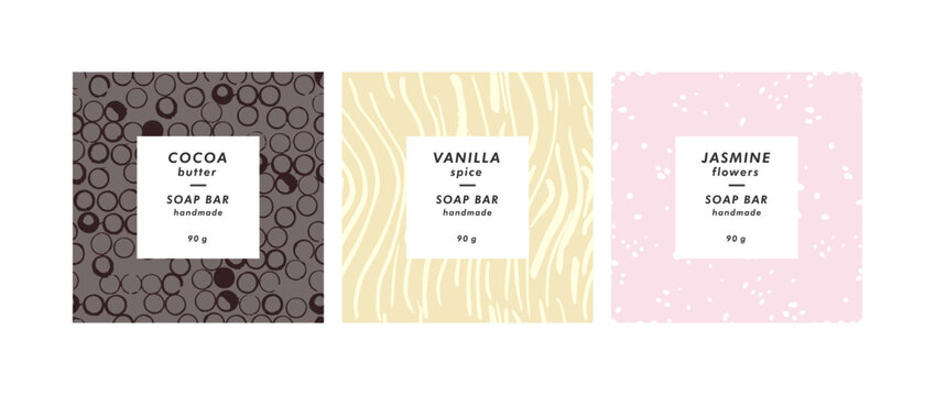 Vector set seamless patterns for cosmetics with template design labels. Abstract contemporary backgrounds for handmade soap.