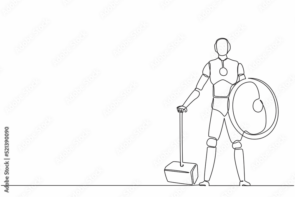 Poster continuous one line drawing robots stands holding big hammer and shield. humanoid robot cybernetic o