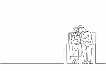 Single continuous line drawing caring Arab man sitting on sofa, hugging shoulder of depressed woman and trying to help or support her. Support, mental depression. One line draw graphic design vector