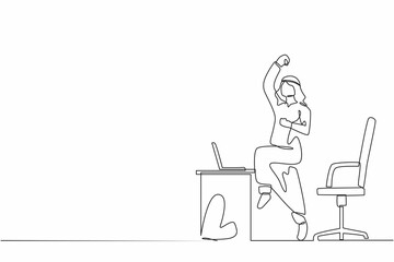 Continuous one line drawing happy Arab businessman jumping and dancing on his workplace. Male manager celebrating success of increasing company's product sales. Single line draw design vector graphic