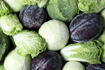 Fototapeta na wymiar Different types of cabbage as background, top view