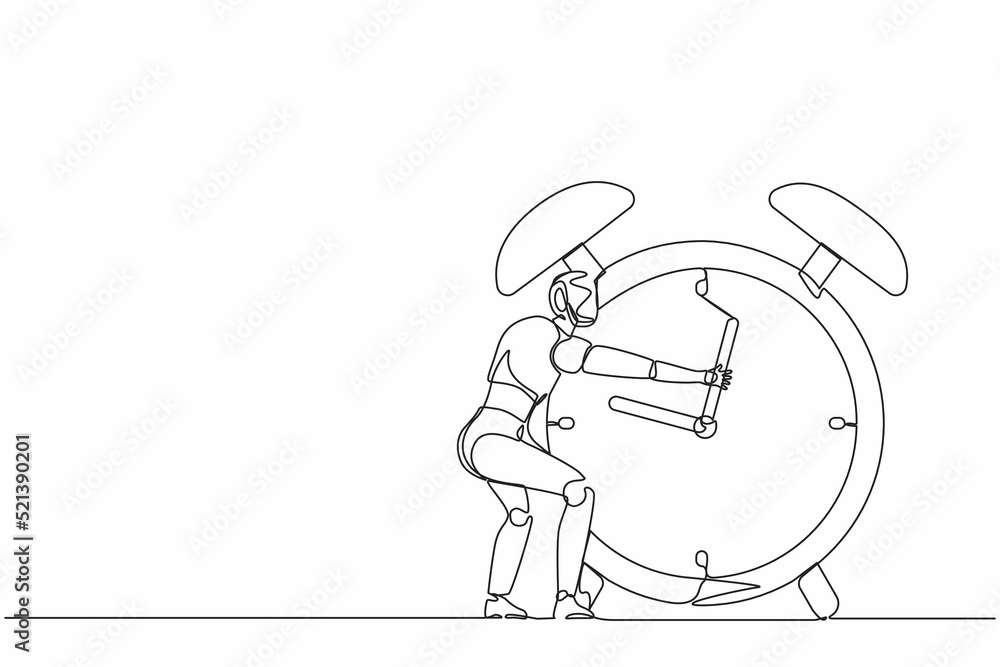 Poster continuous one line drawing robots hugging huge alarm clock. modern robotics artificial intelligence