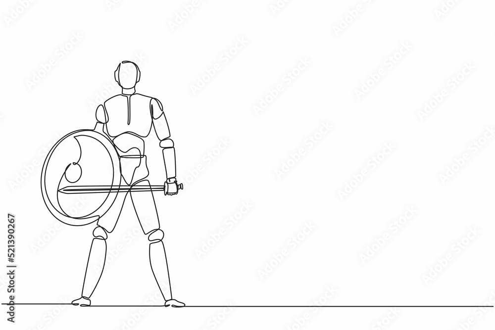 Poster single one line drawing robot standing holding sword and shield. future technology development. arti