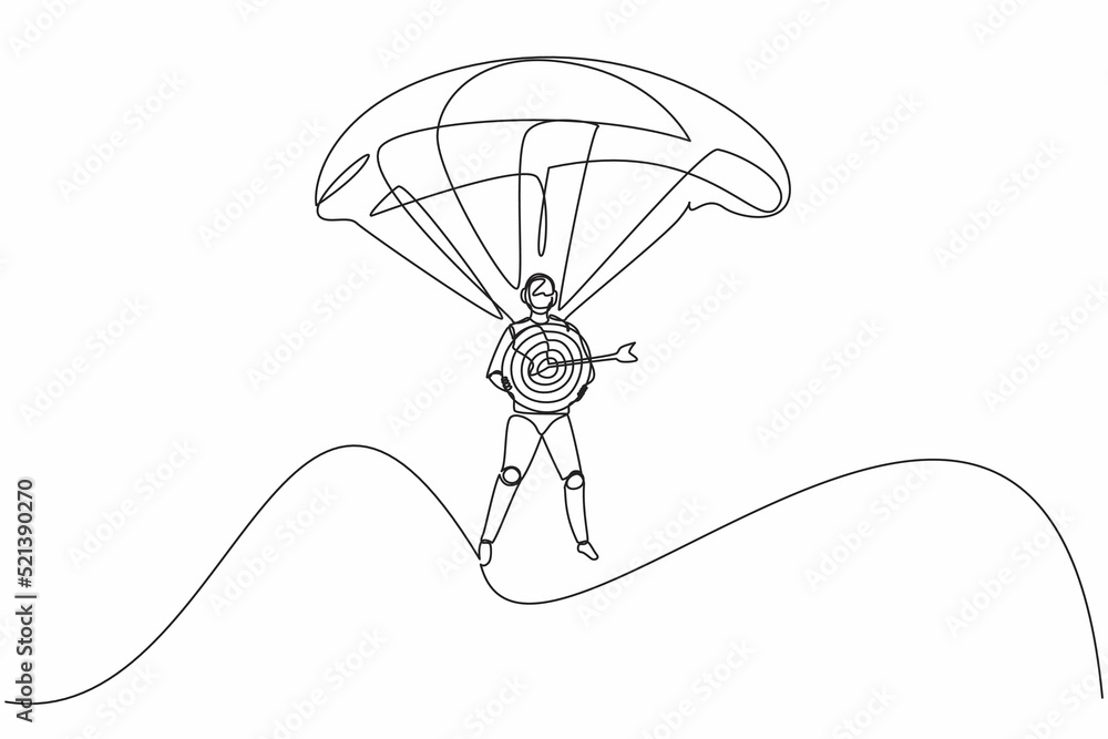 Poster continuous one line drawing robots jump with parachute and holding target. humanoid robot cybernetic