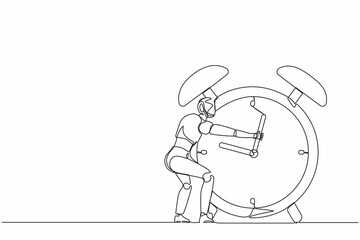 Continuous one line drawing robots hugging huge alarm clock. Modern robotics artificial intelligence technology. Electronic technology industry. Single line draw design vector graphic illustration