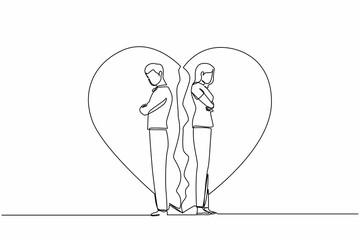 Continuous one line drawing unhappy young couple standing arms crossed. Family conflict. Break up relationship. Married couple man woman angry, sad against broken heart. Single line draw design vector