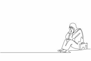 Single continuous line drawing Arab businesswoman feeling sad and depression sitting on the floor. Office worker feeling blue, stress, sad. Depression for young people. One line graphic design vector