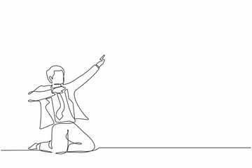 Single one line drawing happy businessman kneeling with celebrating goal pose. Male manager celebrating the success of increasing the company product sales. Continuous line draw design graphic vector